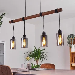 Suspension Hunouri Bois Fonce, Noir, 4 Lumieres