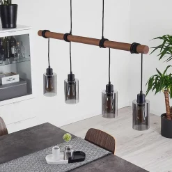 Suspension Hunouri Bois Fonce, Noir, 4 Lumieres