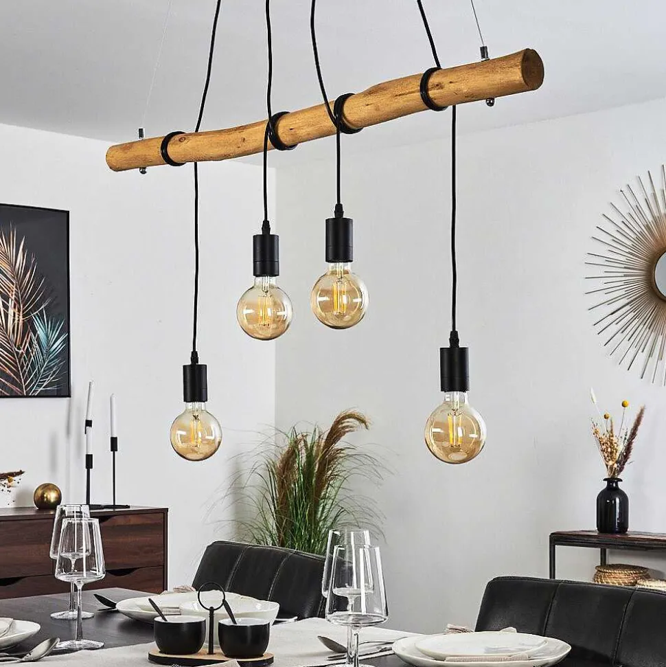 Suspension Seegaard Bois Clair, Noir, 4 Lumieres