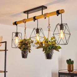 Suspension Taheramo Bois Clair, Noir, 3 Lumieres