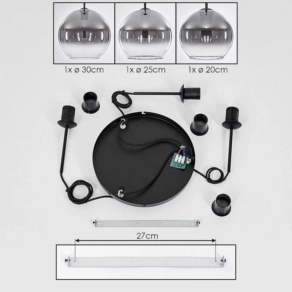 Suspension Verre 20 Cm, 25 Cm, 30Cm Koyoto Clair, Fume, 3 Lumieres