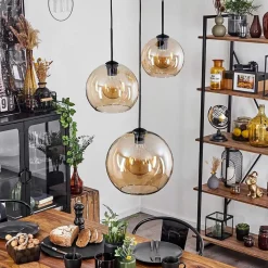 Suspension Verre 20 Cm, 25 Cm, 30Cm Koyoto Ambre, 3 Lumieres