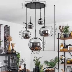 Suspension Verre 15 Cm, 20 Cm, 25 Cm, 30Cm Koyoto Chrome, Fume, 5 Lumieres