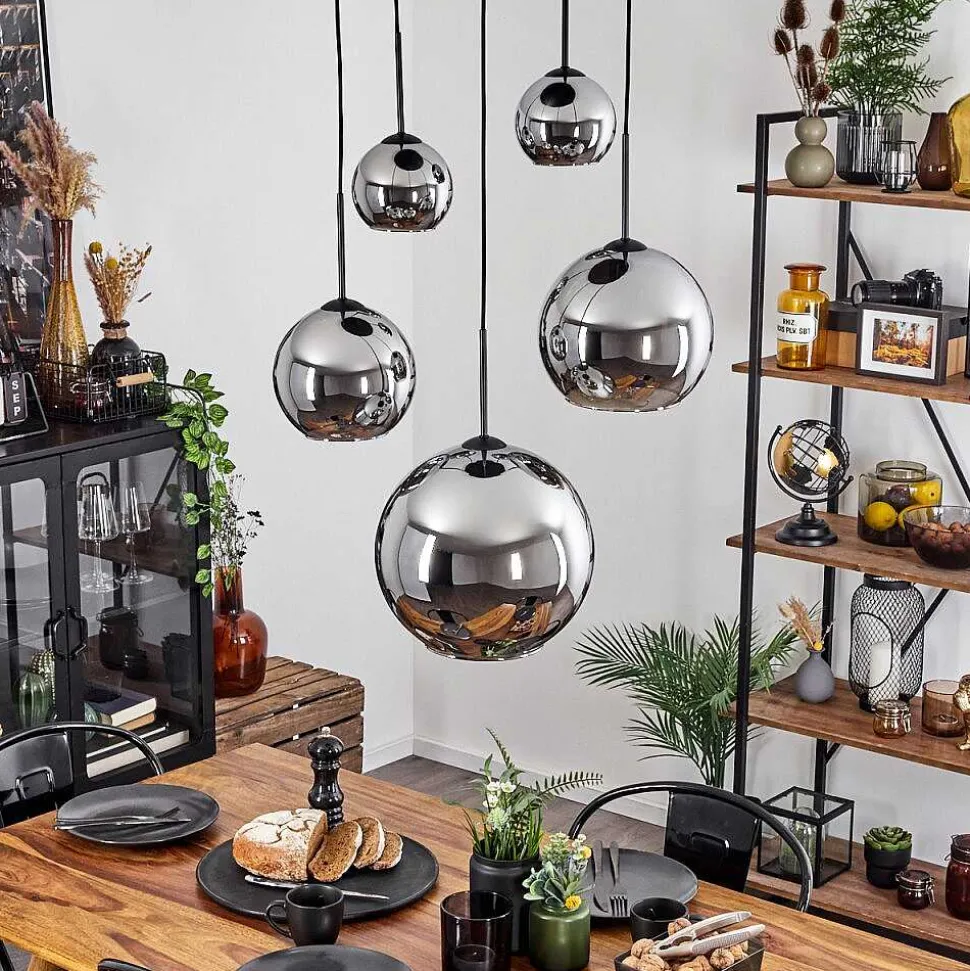 Suspension Verre 15 Cm, 20 Cm, 25 Cm, 30Cm Koyoto Chrome, Fume, 5 Lumieres