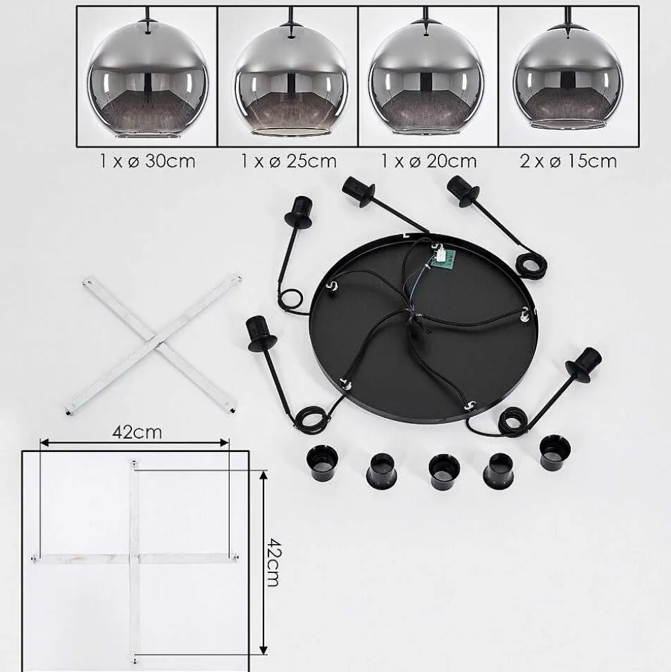Suspension Verre 15 Cm, 20 Cm, 25 Cm, 30Cm Koyoto Chrome, Fume, 5 Lumieres