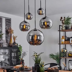 Suspension Verre 15 Cm, 20 Cm, 25 Cm, 30Cm Koyoto Chrome, Fume, 5 Lumieres