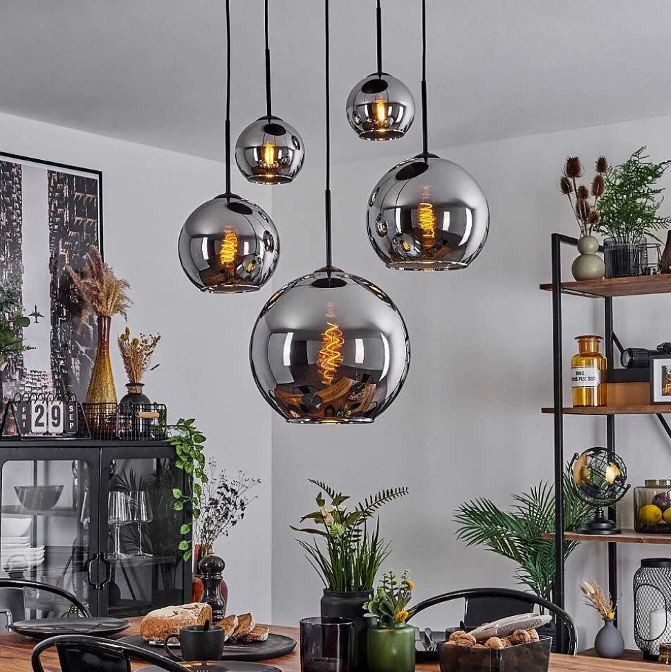 Suspension Verre 15 Cm, 20 Cm, 25 Cm, 30Cm Koyoto Chrome, Fume, 5 Lumieres