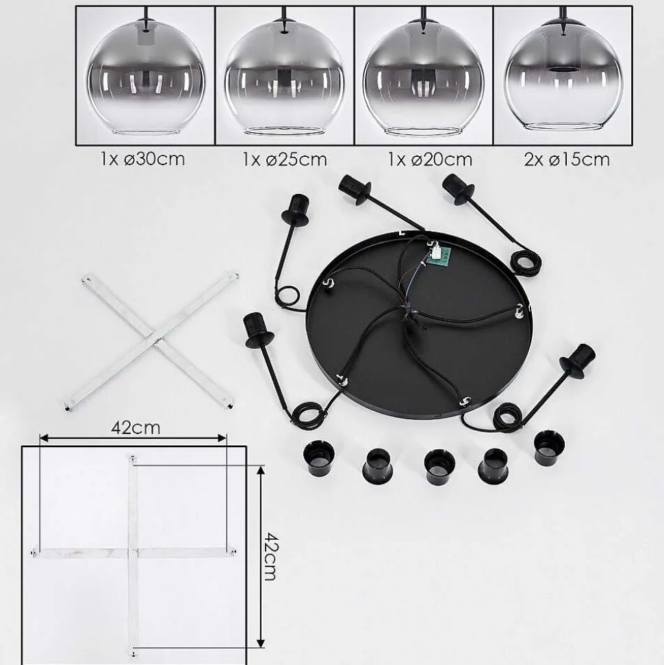 Suspension Verre 15 Cm, 20 Cm, 25 Cm, 30Cm Koyoto Clair, Fume, 5 Lumieres