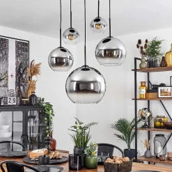 Suspension Verre 15 Cm, 20 Cm, 25 Cm, 30Cm Koyoto Chrome, Clair, Fume, 5 Lumieres