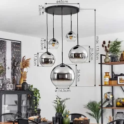 Suspension Verre 15 Cm, 20 Cm, 25 Cm, 30Cm Koyoto Chrome, Clair, Fume, 5 Lumieres