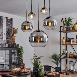 Suspension Verre 15 Cm, 20 Cm, 25 Cm, 30Cm Koyoto Chrome, Clair, Fume, 5 Lumieres