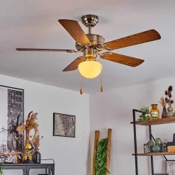 Ventilateur De Plafond Apiao Brun, Brun Clair, Couleur Bois, Argente, 1 Lumiere