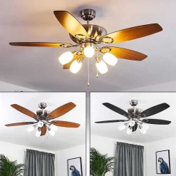 Ventilateur De Plafond Irving Chrome, Gris, Bois Clair, 5 Lumieres