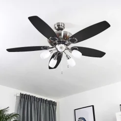 Ventilateur De Plafond Irving Chrome, Gris, Bois Clair, 5 Lumieres