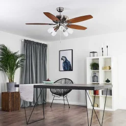 Ventilateur De Plafond Irving Chrome, Gris, Bois Clair, 5 Lumieres