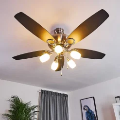 Ventilateur De Plafond Irving Chrome, Gris, Bois Clair, 5 Lumieres