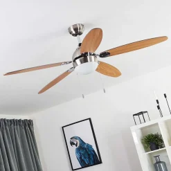 Ventilateur De Plafond Valeria Chrome, Bois Clair, Nickel Mat, 1 Lumiere